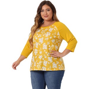 Agnes Orinda Women's Plus Size Round Neck 3/4 Raglan Sleeves Floral Printed Dressy Casual Peasant Tops - 1 of 4