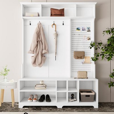 LIVAREEmlen Garment Racks with Shoe Bench, Coat Rack ,Shoe Storage ,Storage Shelves and Pegboard, for Hallways, Halls and Bedrooms, White