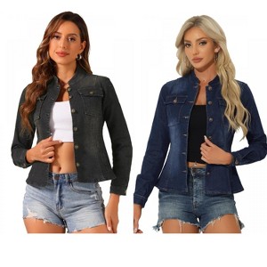 INSPIRE CHIC Women's Button Front Stand Collar Long Sleeve Jean Jackets with Pockets 2 Packs - 1 of 4