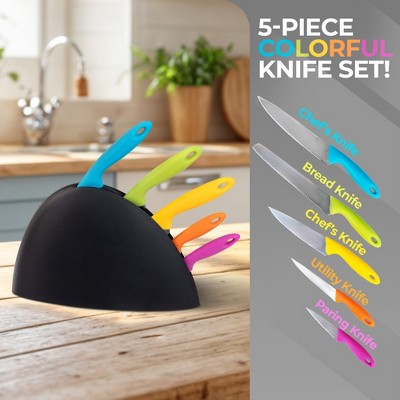 6 Piece Stainless Steel Knife Set with Multi-Colored Handles In Block