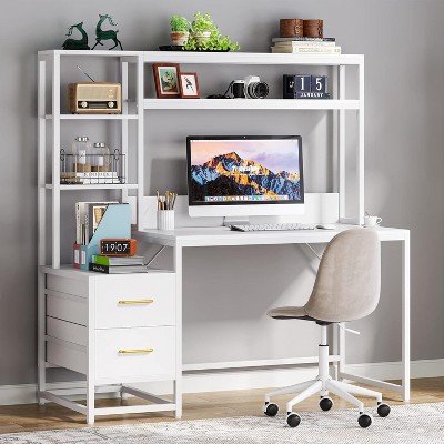 PAGED 55" Computer Desk with Hutch, Modern Home Office Desk with 2 Drawers & Open Shelves for Living Room