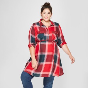 Maternity Plus Size Long Sleeve Plaid Popover Tunic - Isabel Maternity by Ingrid & Isabel Red 3X, Women
