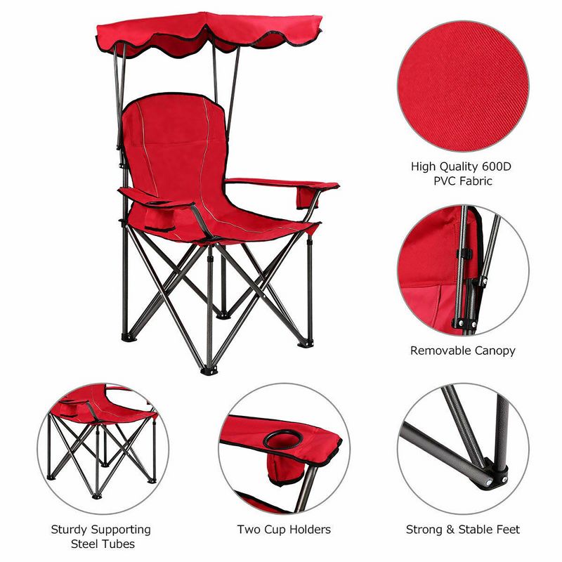 Costway Portable Folding Beach Canopy Chair W/ Cup Holders Bag Camping Hiking Outdoor, 4 of 11
