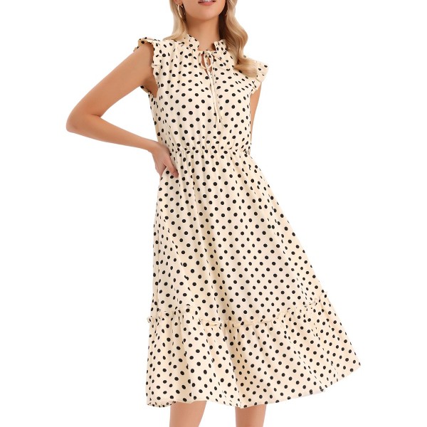 Vestidos midi de verano con lunares, mangas con volantes, lazo y escote en V para playa y vacaciones - INSPIRE CHIC