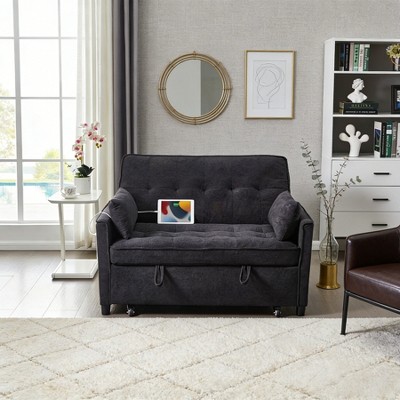 TiramisuBest 3 in 1 Velvet Sofa Bed with Wheeled Pull out Design Adjustable Backrest USB Port Armrests Storage Pockets and Two Headrests