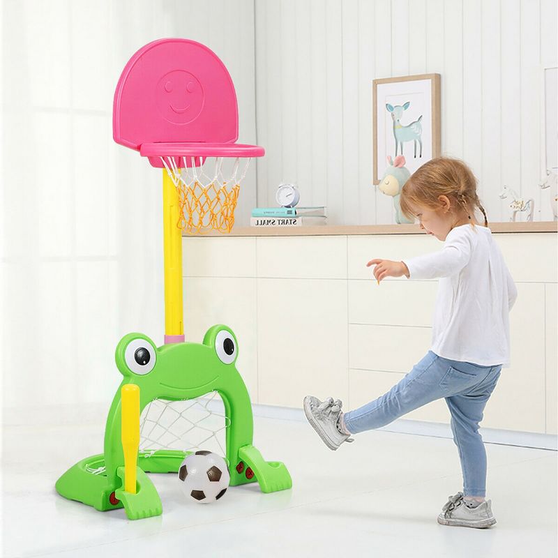Costway 3-in-1 Kids Basketball Hoop Set Adjustable Sports Activity Center w/Balls Green and Pink, 2 of 11