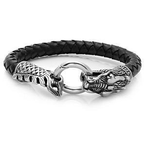 Steeltime Genuine leather bracelet with dragon design. Color Option: Silver, Gold - 1 of 4