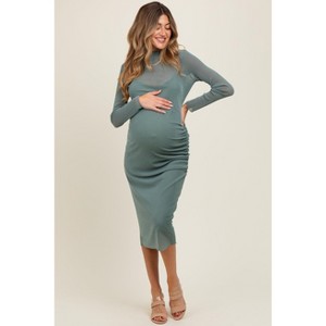 Pinkblush Light Olive Shimmer Mesh Long Sleeve Ruched Maternity Midi Dress - 1 of 3