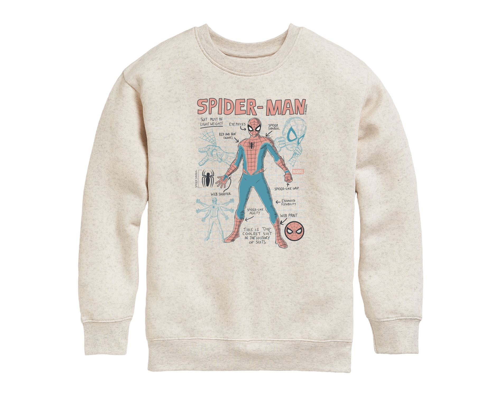 Boys' Marvel Sketchy Spider-Man Schematic Graphic Long Sleeve Fleece Sweatshirt - Natural - Large