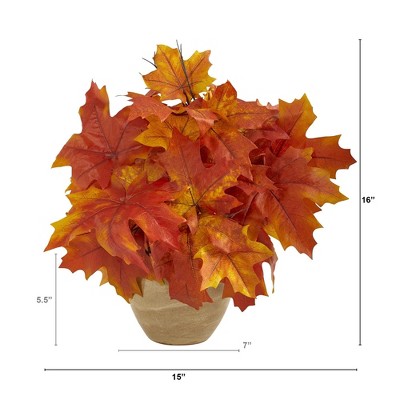 16" Autumn Maple Leaf Artificial Plant in Beige Decorative Planter