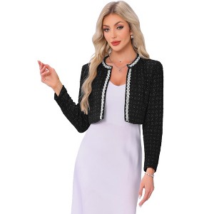 INSPIRE CHIC Women's Tweed Long Sleeve Sparkle Trim Open Front Cocktail Cropped Cardigan - 1 of 4