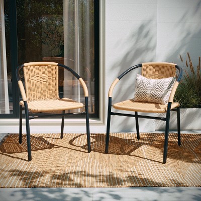 Beige Rattan and Black Steel Patio Dining Chairs, Set of 2