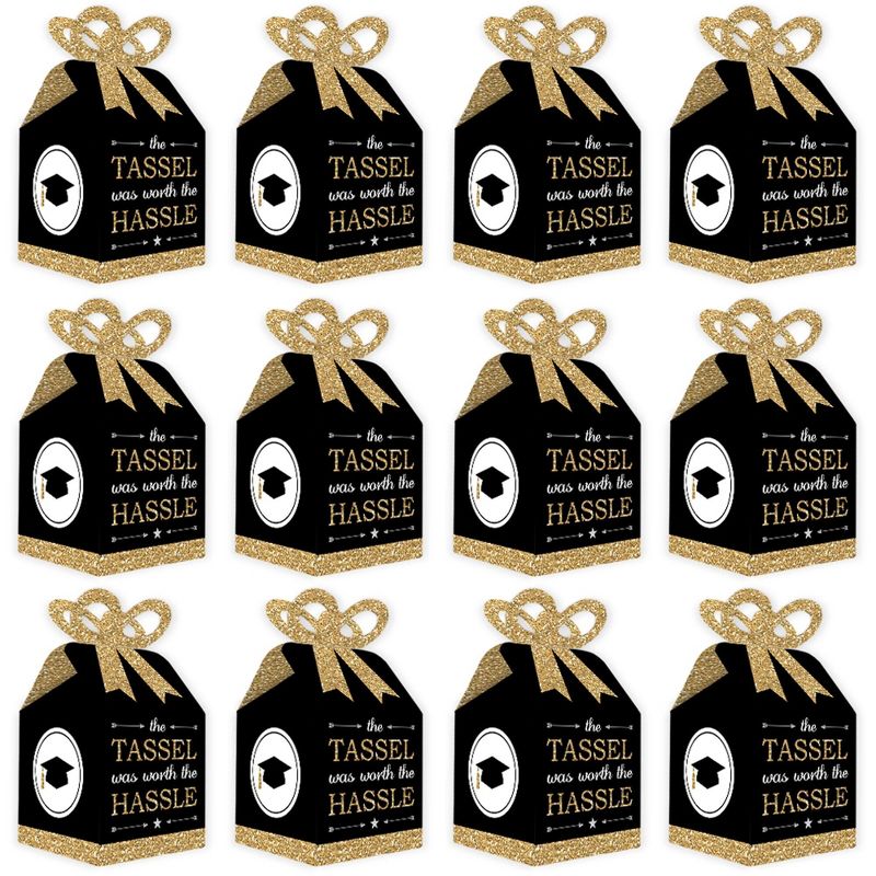 Big Dot of Happiness Tassel Worth The Hassle - Gold - Square Favor Gift Boxes - Graduation Party Bow Boxes - Set of 12, 5 of 9