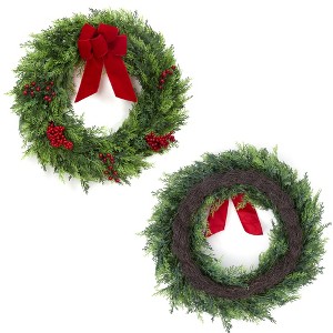24-inch Christmas wreath with a large red velvet bow, artificial wreath with red berries, indoor and outdoor Christmas decoration prop - 1 of 4