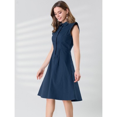 Женские платья INSPIRE CHIC Women's Cotton Ruffled Cap Sleeve Tie Waist Button Casual Office Shirt Dress X-Large Navy Blue — фото 2