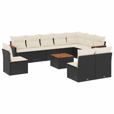 vidaXL 11 Piece Patio Sofa Set with Cushions Black and Cream Poly Rattan - With Table