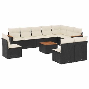 vidaXL 11 Piece Patio Sofa Set with Cushions Black and Cream Poly Rattan - With Table - 1 of 4