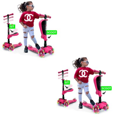 Hurtle ScootKid 3 Wheel Toddler Mini Ride On Toy Tricycle Scooter with Adjustable Handlebar, Foldable Seat, and LED Light Up Wheels, Pink (2 Pack)