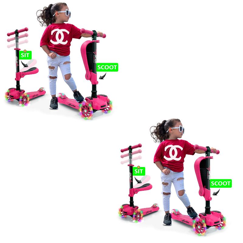 Hurtle ScootKid 3 Wheel Toddler Mini Ride On Toy Tricycle Scooter with Adjustable Handlebar, Foldable Seat, and LED Light Up Wheels, Pink (2 Pack), 1 of 7