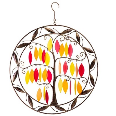 Wind & Weather Round Metal and Glass Tree of Life Fall Colors Wind Chime
