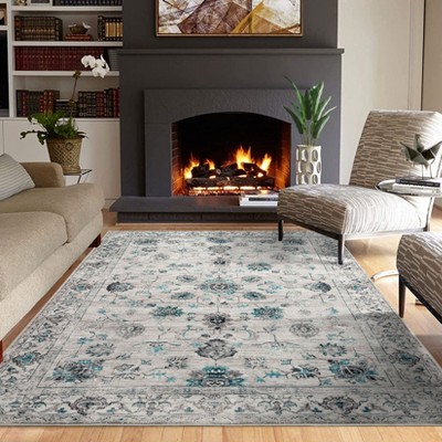 Luxury Floral Area Rug Ultra Soft Non Slip Stain Resistant Indoor Mat Machine Washable Low Pile Vintage Carpet