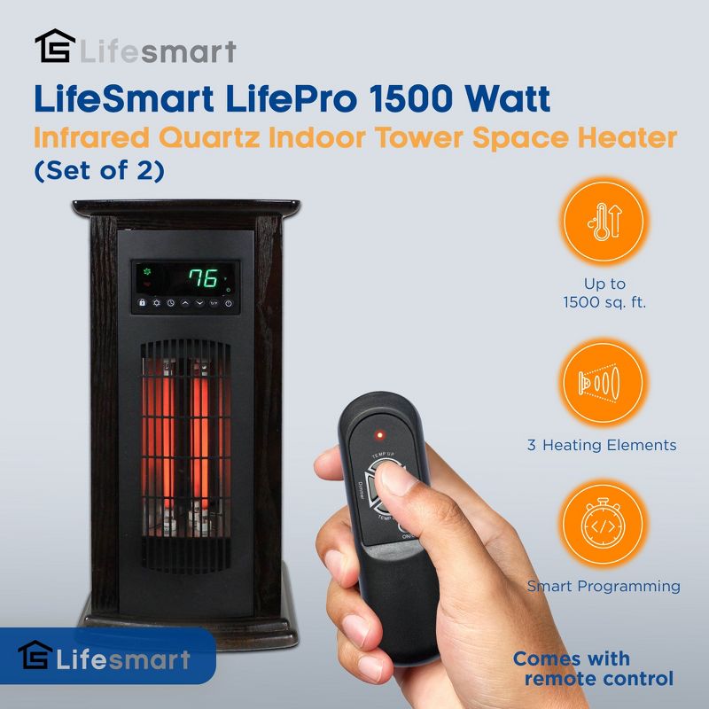 LifeSmart LifePro 1500W Infrared Quartz Indoor Home Tower Space Heater with Adjusting Temperatures and Remote Controls, Black (2 Pack), 2 of 7