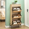 Rattan 3 Flip Drawer Shoe Cabinet, Entryway Natural Oak Wooden Shoe Rack with Drawer and Adjustable Shelves Freestanding for Entryway Hallway - 2 of 4