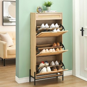 3 Flip Drawers Shoe Storage Cabinet with 1 Drawer, Freestanding Narrow Shoe Rack Cabinet, Oak Rattan Shoe Organizer with Metal Legs for Entryway - 1 of 4