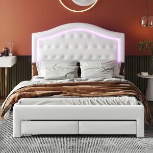 NicBex Upholstered Bed Frame with Smart LED and Drawers,PU Low Profile Platform Bed Frame with Tufted Headboard,No Box Spring Needed,Pink/White - 1 of 4