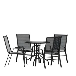 Emma and Oliver Five Piece Patio Table Set with Round Metal Table with Tempered Glass Top and 4 Flex Comfort Stacking Chairs - 1 of 4