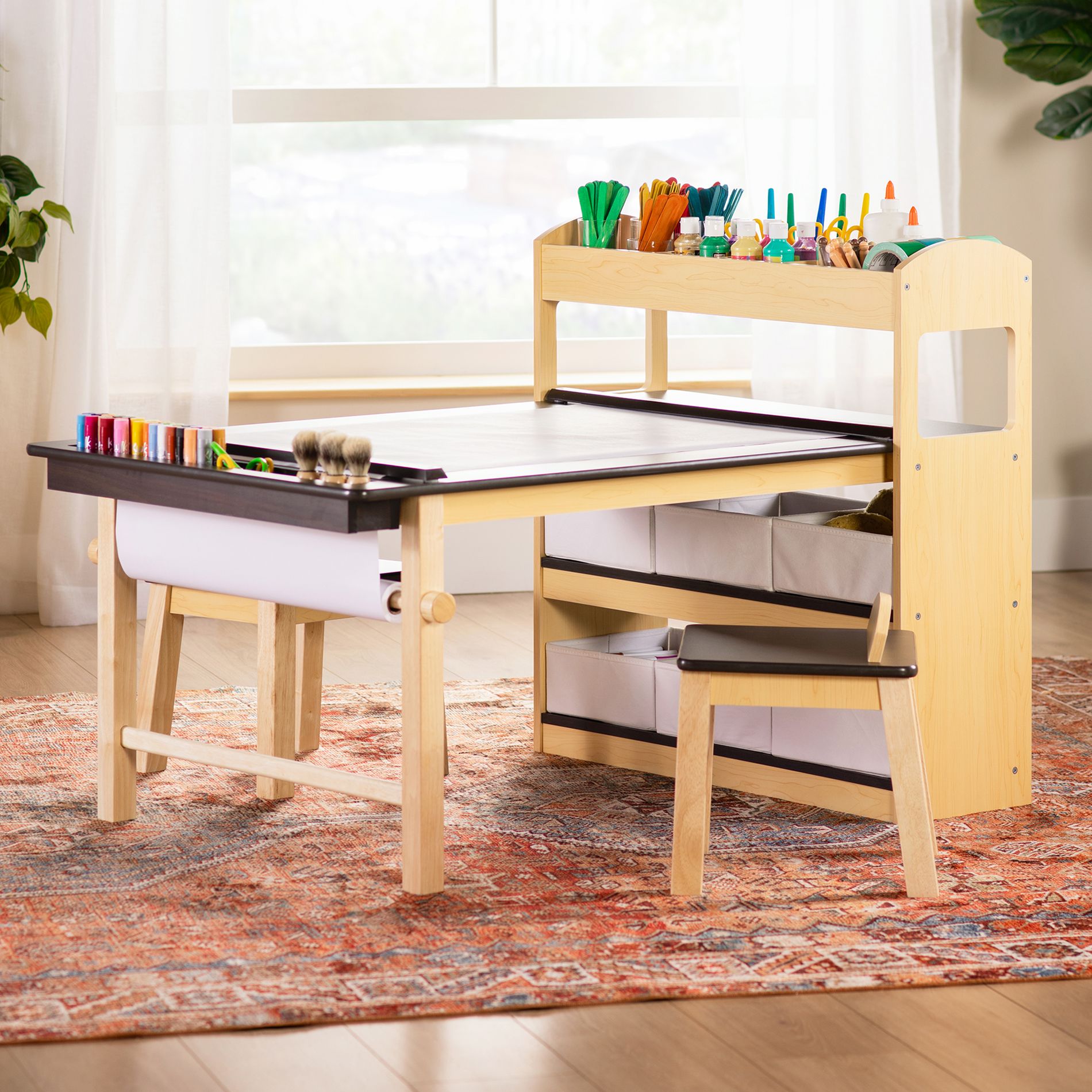 Guidecraft Deluxe Art Center - Natural: Kids Wooden Craft Desk with Shelves, Bins &  Paper Roll | Playroom Toddler Table & Chair Set