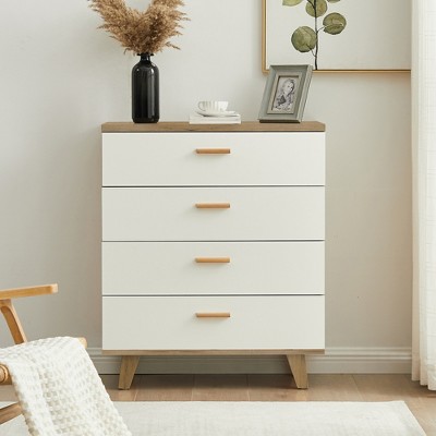 Modern 4 Drawer Dresser with Solid Wood Legs and Handles, White + Oak - ModernLuxe