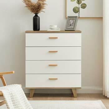 Modern 4 Drawer Dresser with Solid Wood Legs and Handles, White + Oak - ModernLuxe