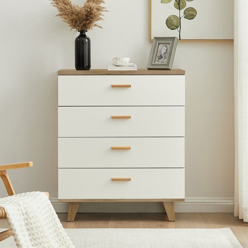 Modern 4 Drawer Dresser with Solid Wood Legs and Handles, White + Oak - ModernLuxe, 1 of 13