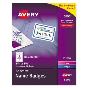 Avery Flexible Adhesive Name Badge Labels, 3.38 x 2.33, White/Blue Border, 400/Box - 1 of 4