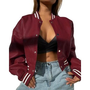 Clearlove Women's Fashion Leather Motorcycle Jacket Snap Button Down Outfits Ribbed Cuff Baseball Collar Cropped Coats Fall Winter Clothes - 1 of 4