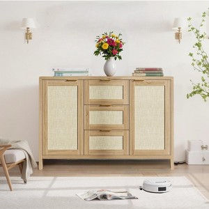 Jojoka Rattan Buffet Sideboard Cabinet with Storage,Modern Console Table with Drawers and Doors for Living Room,Oak - 1 of 4