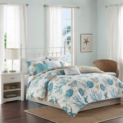 Lyngins 7-Piece Coastal Cotton Sateen Comforter Set – Shells & Starfish Print, Hypoallergenic, Oeko-Tex Certified, Queen Size Bedding Set