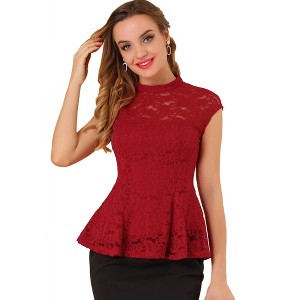 INSPIRE CHIC Women's Mock Neck Cap Sleeve Crochet Lace Peplum Blouse - 1 of 4