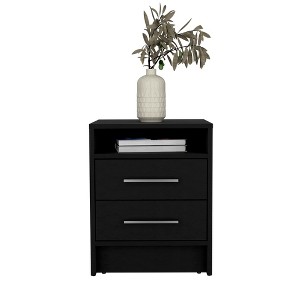 Gulches Cartiz 2-Drawer Nightstand, Black Wengue Particle Board Bedside Table with Metallic Handles & Open Shelf - 1 of 4