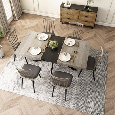 Dolonm 55.11'' -70.86"Retro Rectangular Stretch Dining Table, Grey Carole Top With Black Embossed Center Plate, Black