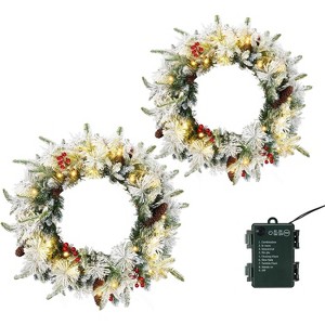 VINGLI 18 Inch Flocked Christmas Wreaths 2 Pack with 60 Battery Operated LEDs, 140 Tips, Pine Cones & Berries, Indoor/Outdoor - 1 of 4