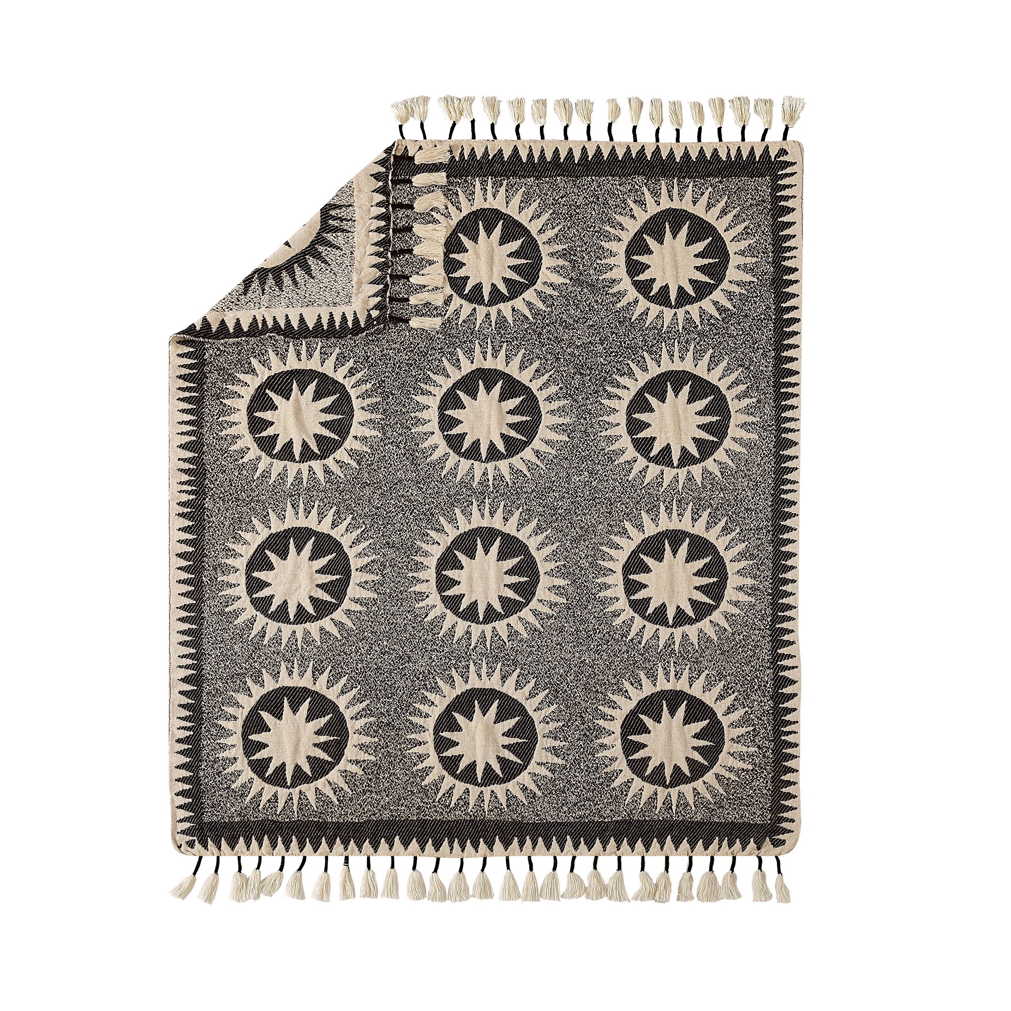 50"x60" Soleil Throw Blanket Black/Cream - Jungalow by Justina Blakeney: Bohemian Suzani Quilt Design, Tasseled Edges