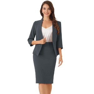 Allegra K Women's Office Work Collarless Blazer Pencil Skirt Business Suit Set 2 Pcs - 1 of 4