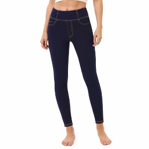 Women's High - Waisted Denim - Look Leggings with Faux Pockets and Contrast Stitching - 1 of 4