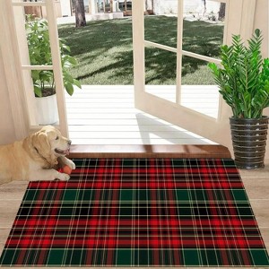 Christmas Rectangular Red Plaid Welcome Doormat - Green & Golden Tartan Floor Mat, Non-Slip Absorbent Carpet. - 1 of 4