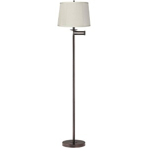 360 Lighting Modern Swing Arm Floor Lamp 60.5" Tall Bronze Beige Top Bottom Trim Fabric Drum Shade for Living Room Reading Bedroom Office - 1 of 3