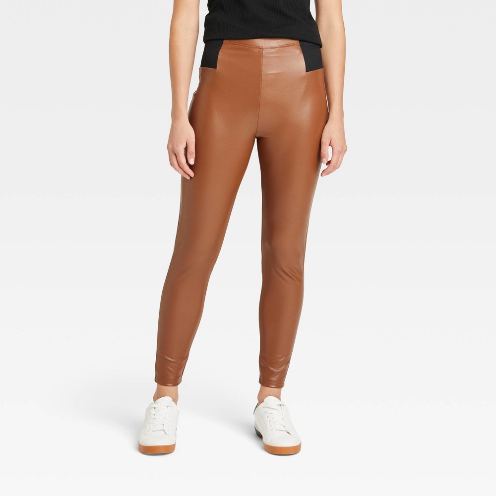 Size L Women's Faux Leather Leggings - A New Day Brown L