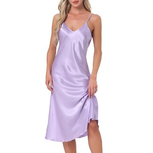 cheibear Women's Breathable V-Neck Satin Silky Camisole Midi Nightdress - 1 of 4