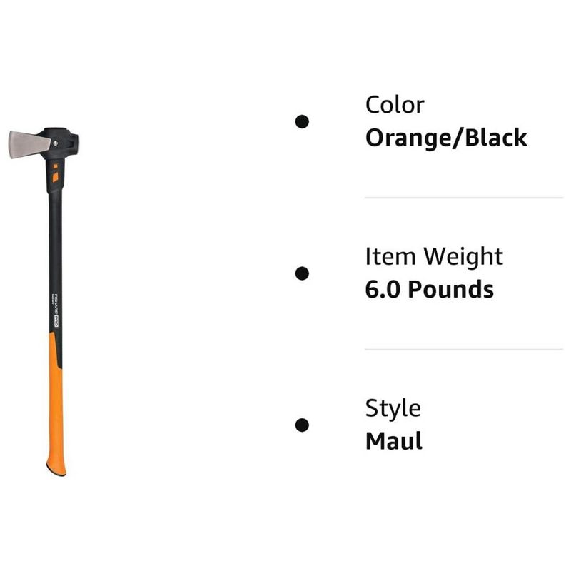 Fiskars Pro IsoCore 6 Pound Wood Splitting Maul with 31 Inch Ergonomic Comfort Grip Handle and Shock Control System, Orange/Black, 6 of 8